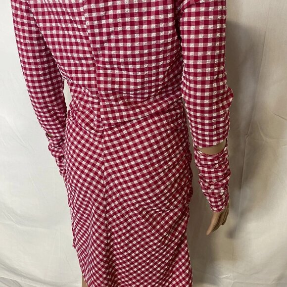 NEW GANNI Women's Seersucker Cut-Out Checked Mini Dress Red/White Size 8 - Picture 5 of 13